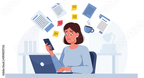 Modern flat vector illustration of overwhelmed woman multitasking with phone, laptop, and tasks floating around, representing stress overload, anxiety, and modern work life pressure concept