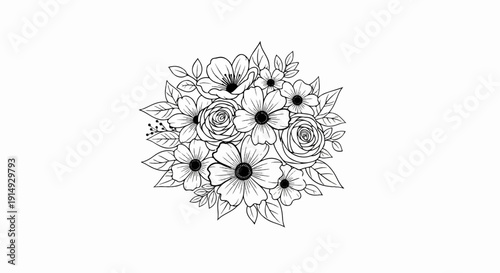 A black and white sketch of a clustered bouquet featuring roses, daisies, and leaves