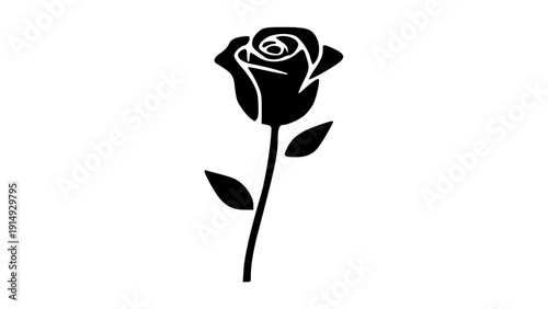 Elegant black and white illustration of a single rose with a stem and leaves