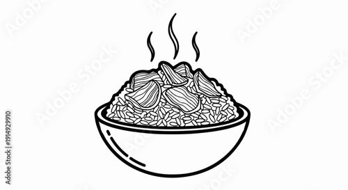A black and white line drawing of a steaming bowl of rice topped with meat slices