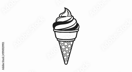 A black and white line drawing of a swirled soft-serve ice cream cone