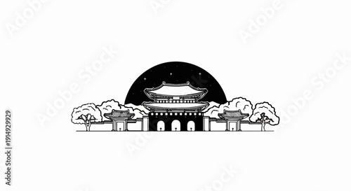 A black and white line drawing of a traditional palace gate with trees and a starry night sky