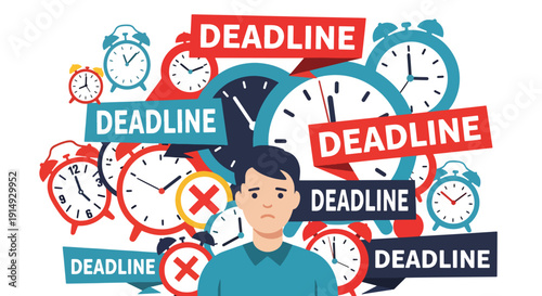 Modern flat vector illustration of person surrounded by clocks and deadlines, representing time pressure, stress, productivity anxiety, and work life imbalance concept