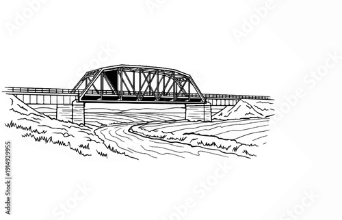 A black and white line drawing of a truss bridge spanning a winding riverbed