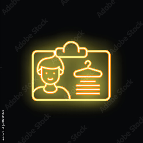 Neon yellow icon of an id card with the picture of a person and a hanger symbol, perfect for fashion or shopping related topics