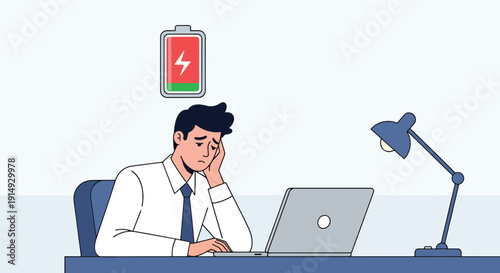 Modern flat vector illustration of employee with low battery icon above head, representing burnout, exhaustion, low energy, and mental health fatigue in workplace