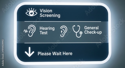 Medical Service Signage Showcasing Eye Screening, Hearing Test, and General Health Checkup Display