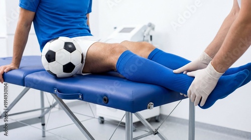 Athlete receiving treatment after soccer practice in a sports rehabilitation center
