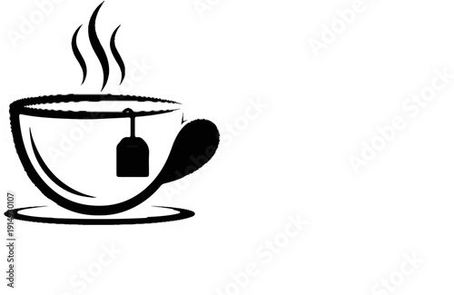 A black and white minimalist depiction of a hot tea cup with steam rising