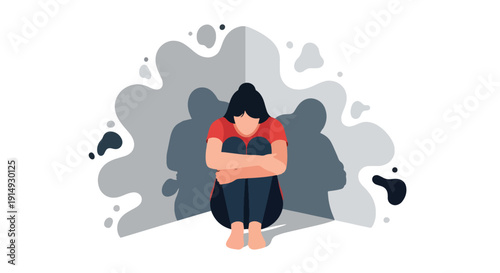 Modern flat vector illustration of woman hugging knees in corner with shadow shapes, representing anxiety, depression, fear, and emotional isolation concept