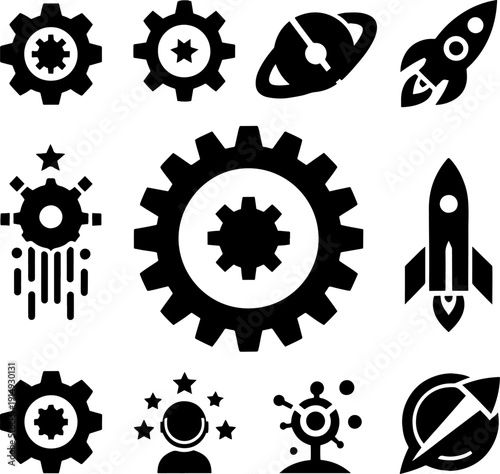 Aerospace and mechanical icons with rocket ships planets and cogwheels