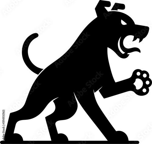 Принти на полотні Aggressive guard dog silhouette with raised paw and open mouth