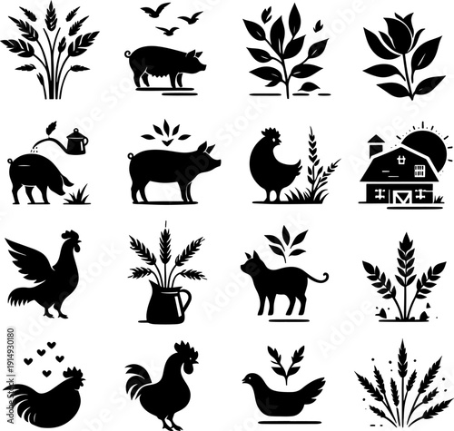 Agricultural farm icons featuring livestock and crops
