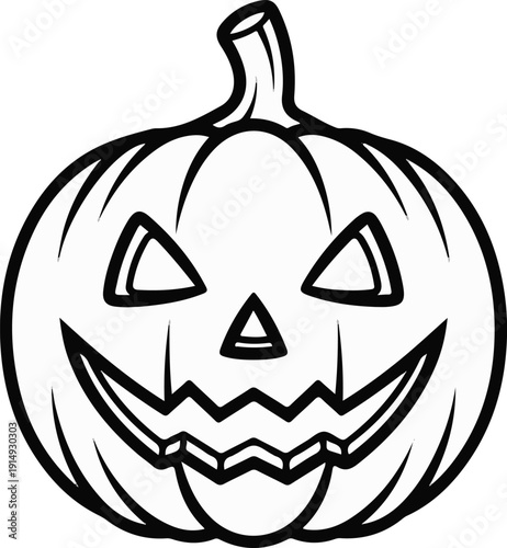 A black and white outline drawing of a spooky, grinning jack-o'-lantern