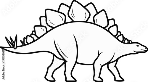A black and white outline drawing of a Stegosaurus dinosaur with plates