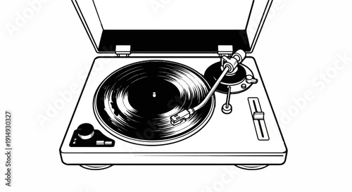A black and white illustration of an open turntable with a record playing
