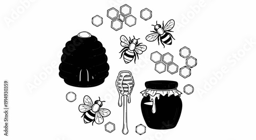 A black and white illustration of bees, a hive, honeycomb, and honey pot