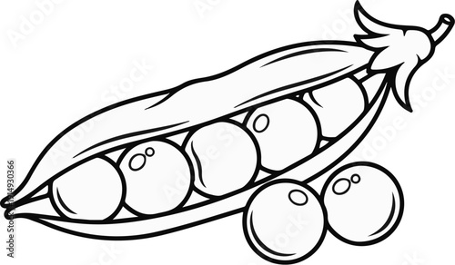 A black and white outline drawing of an open pea pod with seeds and loose peas