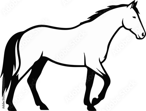 A black and white illustration of a horse in motion