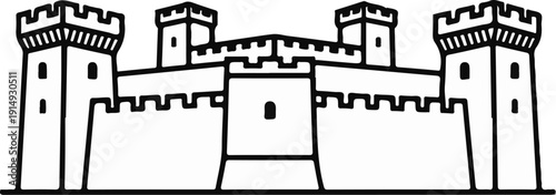 A black and white outline of a fortified castle with multiple towers and crenellations