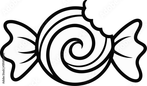 A black and white outline of a bitten swirl candy with twisted ends