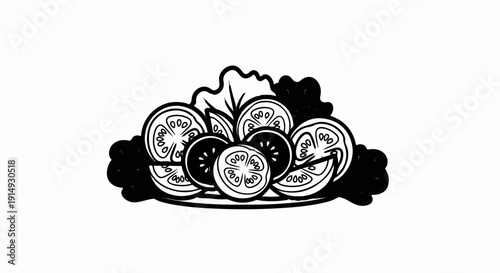 A black and white illustration of sliced tomatoes and lettuce leaves on a plate