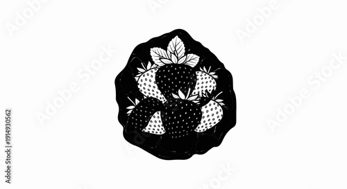 A black and white illustration of strawberries in a dark, blob-like substance