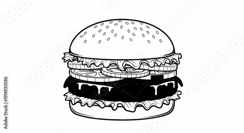 A black and white illustration of a layered hamburger with sesame seeds on the bun