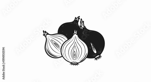 A black and white illustration of two whole onions and two halves of onions