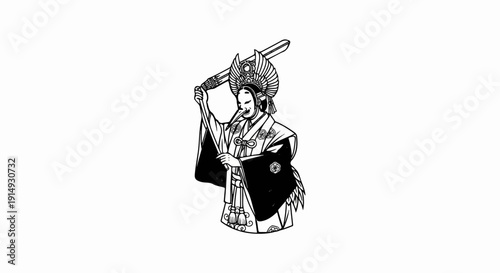 A black and white illustration of a figure in traditional Japanese attire with a mask