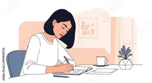 Modern flat vector illustration of person writing emotions in journal at desk, representing self reflection, therapy practice, mental healing, and emotional wellness concept