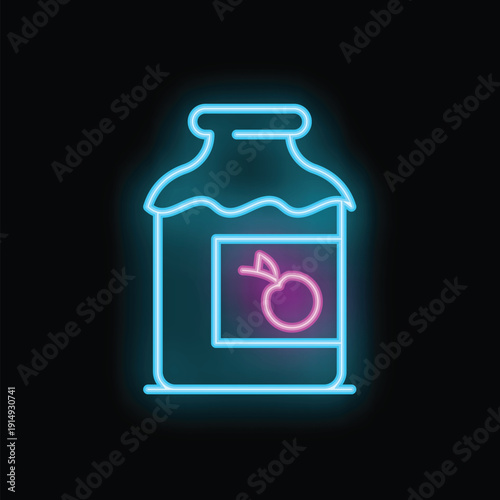 Bright neon icon of apple jam jar glowing in the dark