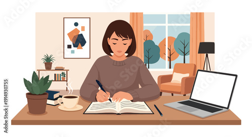 Modern flat vector illustration of person writing emotions in journal at desk, representing self reflection, therapy practice, mental healing, and emotional wellness concept