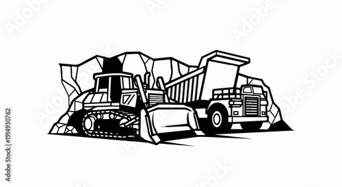 A black and white line art depiction of heavy construction vehicles and rocks