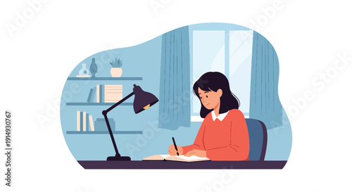 Modern flat vector illustration of person writing emotions in journal at desk, representing self reflection, therapy practice, mental healing, and emotional wellness concept