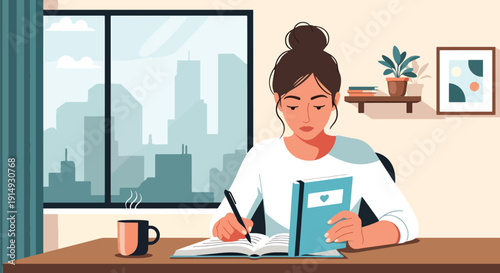 Modern flat vector illustration of person writing emotions in journal at desk, representing self reflection, therapy practice, mental healing, and emotional wellness concept