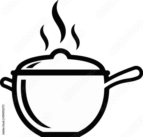 A black and white line art icon depicts a cooking pot with steam rising from it