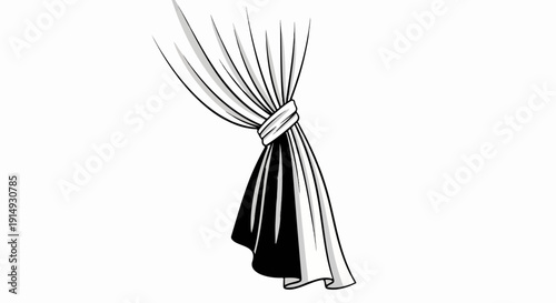 A black and white illustration of a draped curtain tied with a band