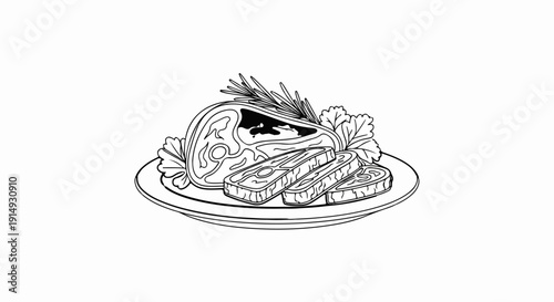 A black and white illustration of a plate of sliced meat garnished with herbs
