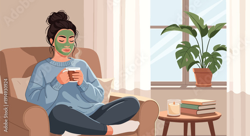 Modern flat vector illustration of woman enjoying self care day with face mask and tea in cozy home, representing wellness routine, relaxation, and mental health balance
