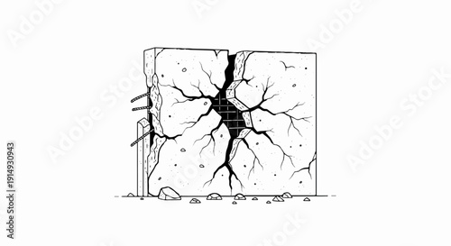 A black and white illustration of a cracked concrete column with exposed rebar