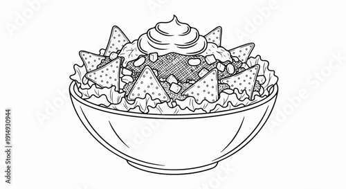 A black and white line drawing of a bowl of loaded nachos topped with cream and lettuce