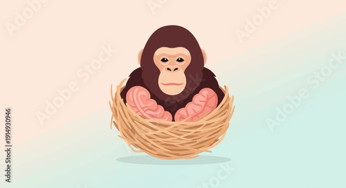 A baby chimpanzee sits cozily in a straw nest against a pastel background
