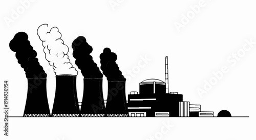 A black and white illustration of a power plant with cooling towers emitting smoke
