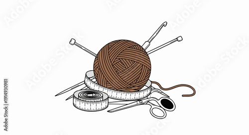 A ball of brown yarn with knitting needles, crochet hook, scissors, and measuring tape