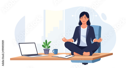 Modern flat vector illustration of professional meditating at desk before work, representing mindfulness, productivity balance, and workplace mental health concept