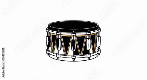 A black and gold snare drum with white accents against a white background