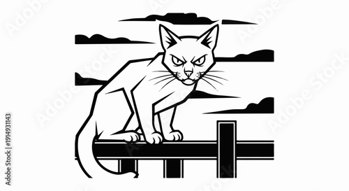 A black and white illustration of a cat perched on a fence