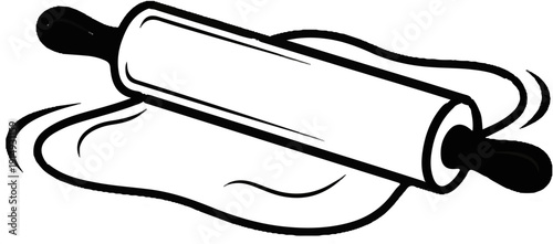 A black and white illustration of a rolling pin flattening dough