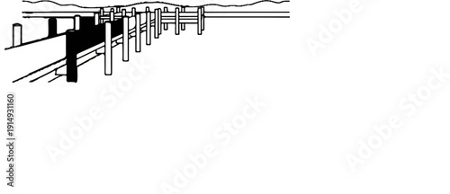 A black and white sketch depicts a wooden pier extending into calm water